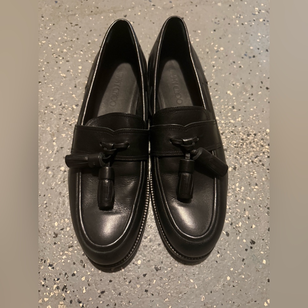 Authentic Jimmy Choo Black Leather Tassel Loafers | Classic Dress Shoes（size 45）